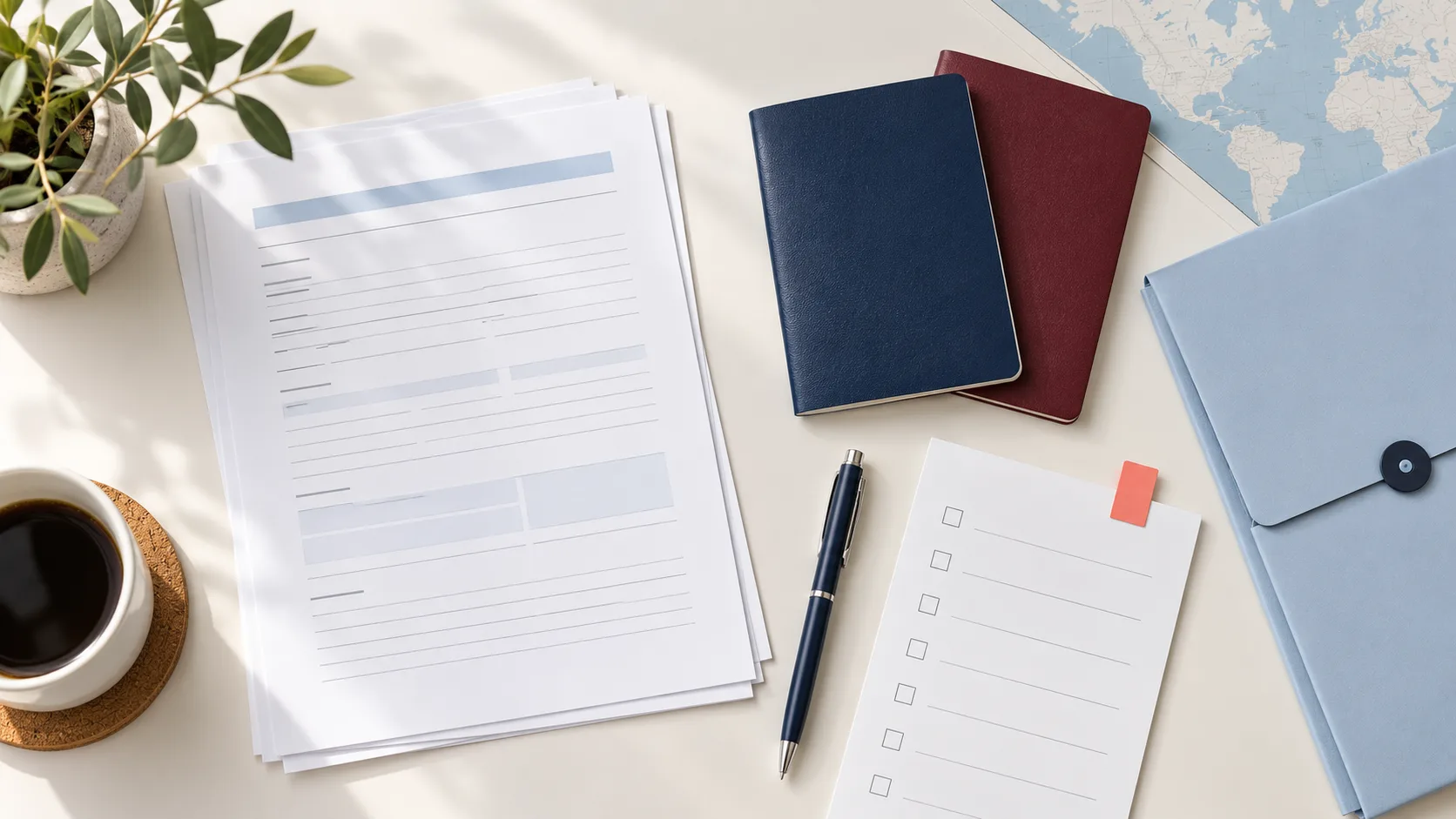 Документы, папки и ежедневники на светлом рабочем столе